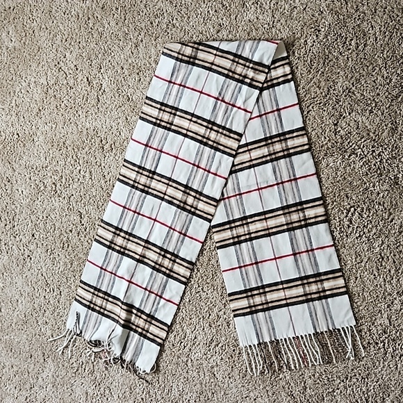 Cashmink plaid scarf, white, browns, red and black - Picture 3 of 4